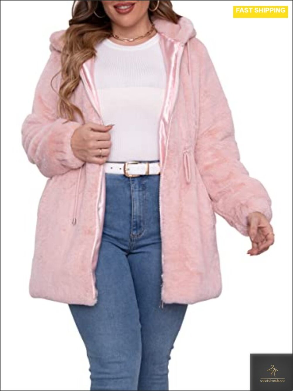 Plus Size Faux Fur Hooded Jacket Winter Fuzzy Zip Coat 1X-5X Relaxed Plush